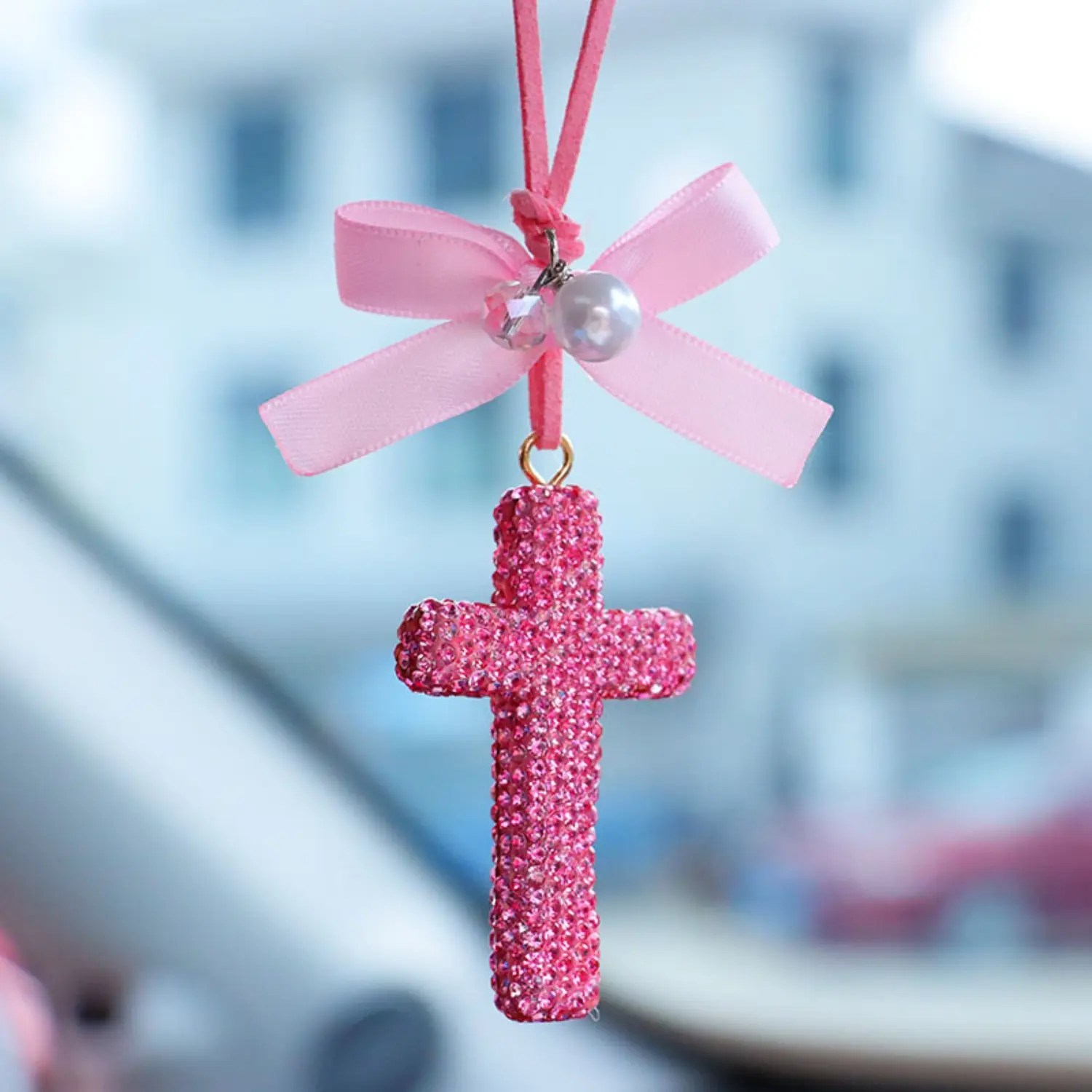 Pink Rhinestone Cross Car Hanging Ornament Bling Crystal Rearview Mirror Pendant Cute Bowknot Auto Interior Decor Charm Accessories for Women, Car Interior Decoration, Car Ornaments