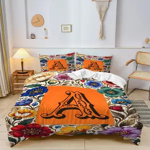 Boho Floral Monogram Letter A-Z Bedding Set, 2/3pcs No Filling Duvet Cover Set, Suitable for Master Bedroom, Teen Girl Room, Boho Studio, Boutique Floral Guest House, Family Leisure Room & Girly Cottage