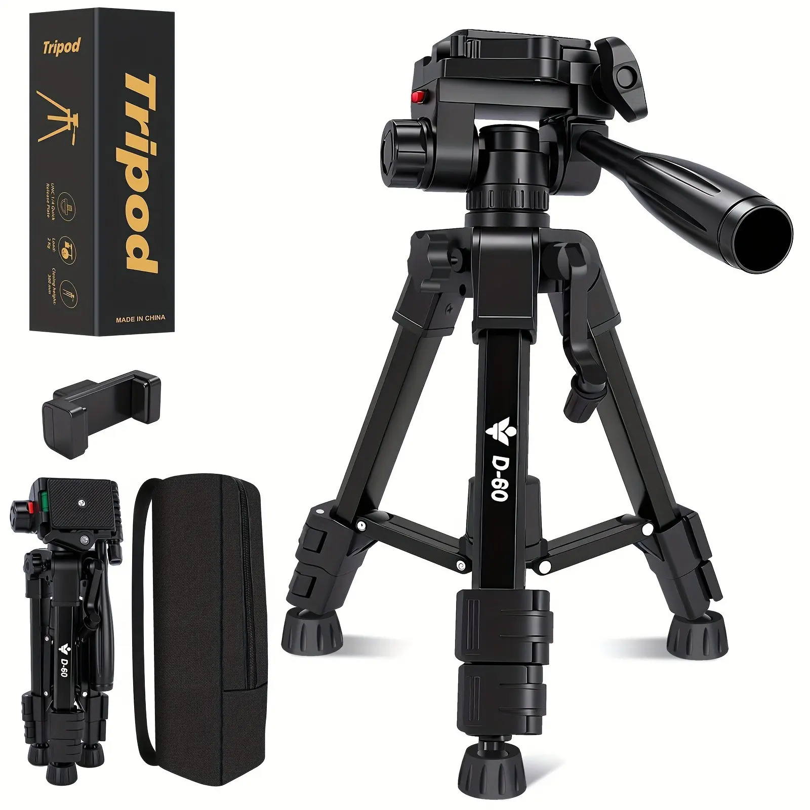 D60 Portable Camera Tripod, Adjustable Tabletop Stand for Phone, Camera, Projector, Mirrorless Camera, Fishing Rod, Vlog & Live Streaming