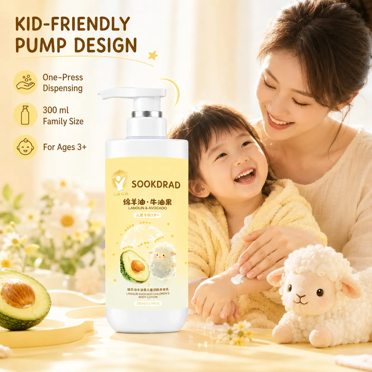 lanolin avocado children's body lotion, gentle, skin-friendly, moisturizing, nourishing, body, for children aged 3+, 300ml/10.14fl oz