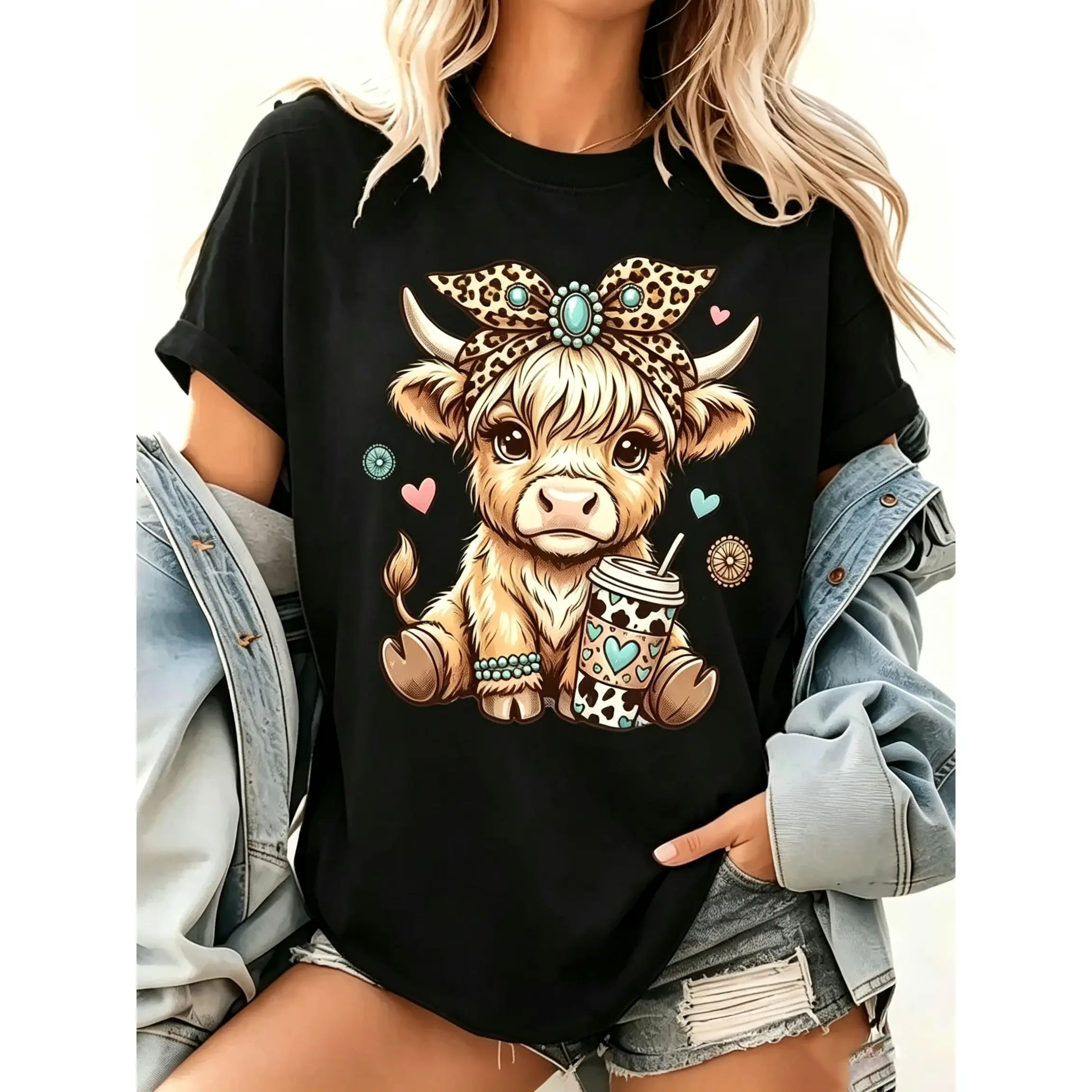 Highland Cow Shirt, Leopard Bow Coffee Graphic Tee, Cute Farm Animal Country T-Shirt