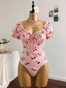 Women's Ruffled Bubble Short Sleeve Romper with Front Tie and Ruffle Sleeves, Elegant Summer Vacation, Stylish and Comfortable