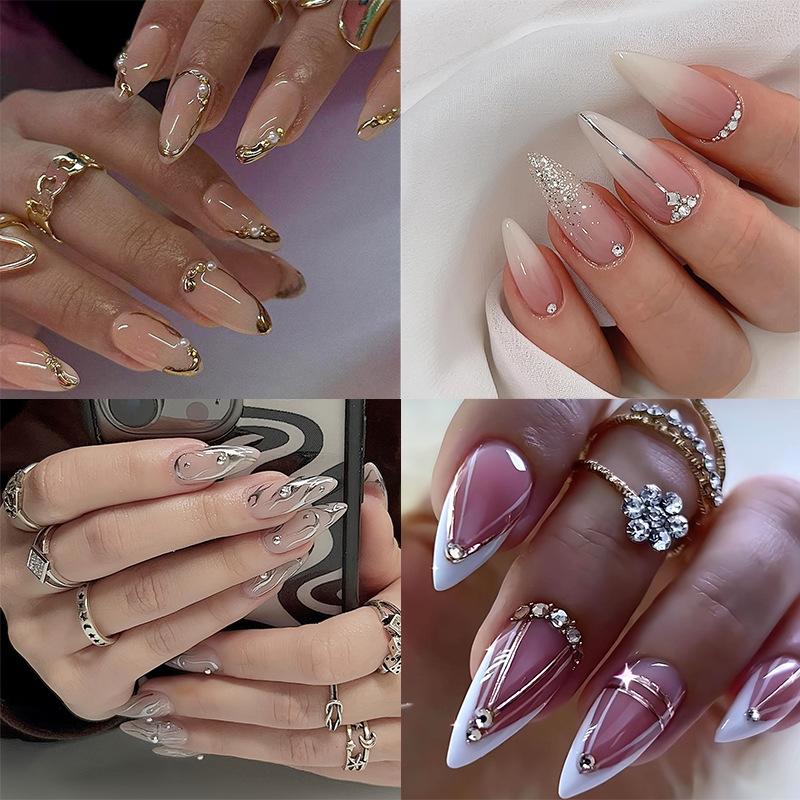 Cross-Border Hot-Selling Nail Tips with Glitter Diamonds Collection European and American Hot Girl Style White French Flower Long Wearable Nails Wholesale