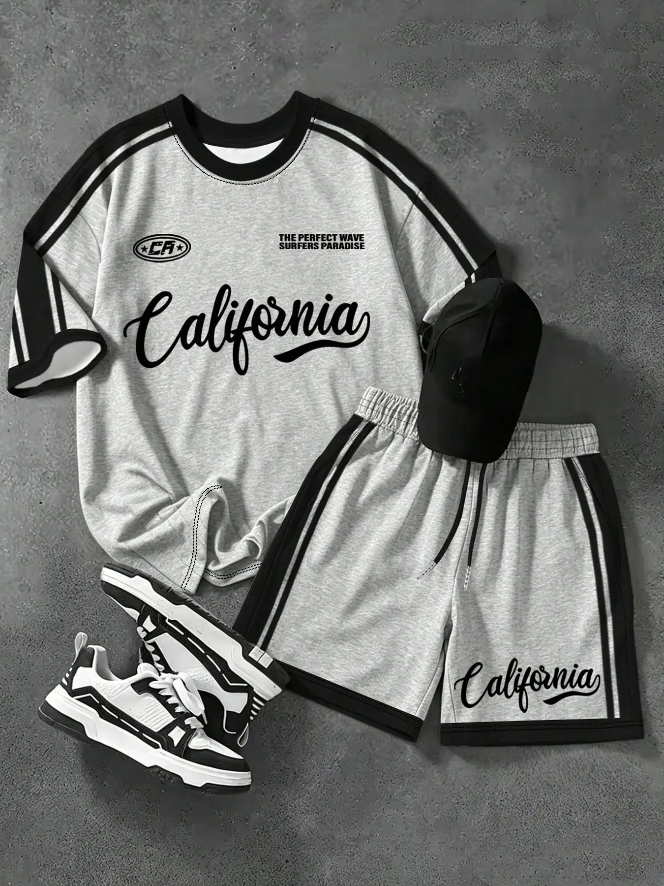Y2K Viral Men's Matching Set, Oversized California Letter Graphic Round Neck Tee & Elastic Waist Shorts, Trendy Streetwear 2 Piece Outfit, Breathable Casual Sportswear Menswear Clothes for Teen Boys Summer OOTD