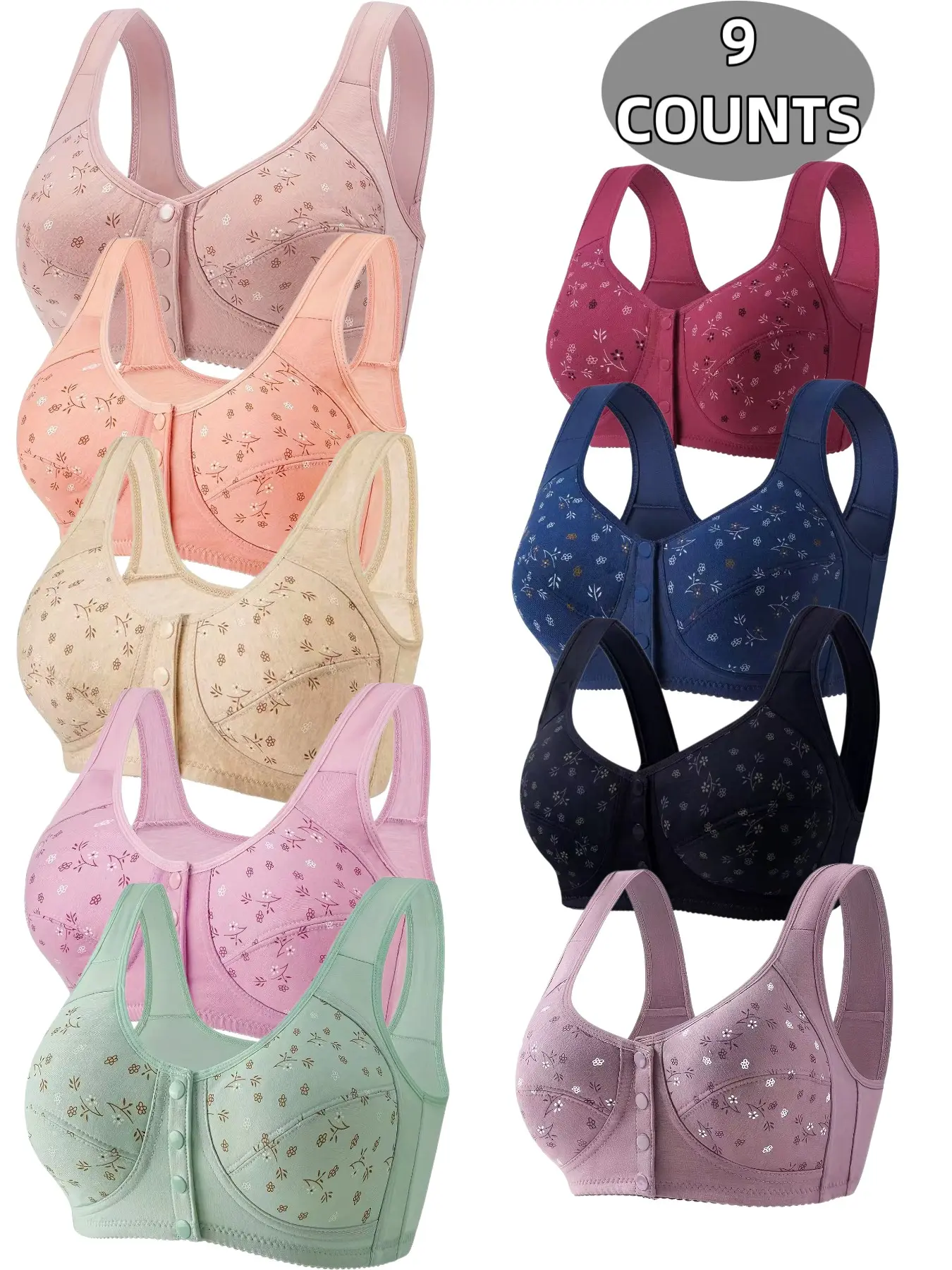 9-Pack Women's Wire-Free Front Buckle Bra, Seamless Comfort Fit, Daily Wear Underwire Free Bra, Breathable Soft Fabric, Full Day Support, Underwear