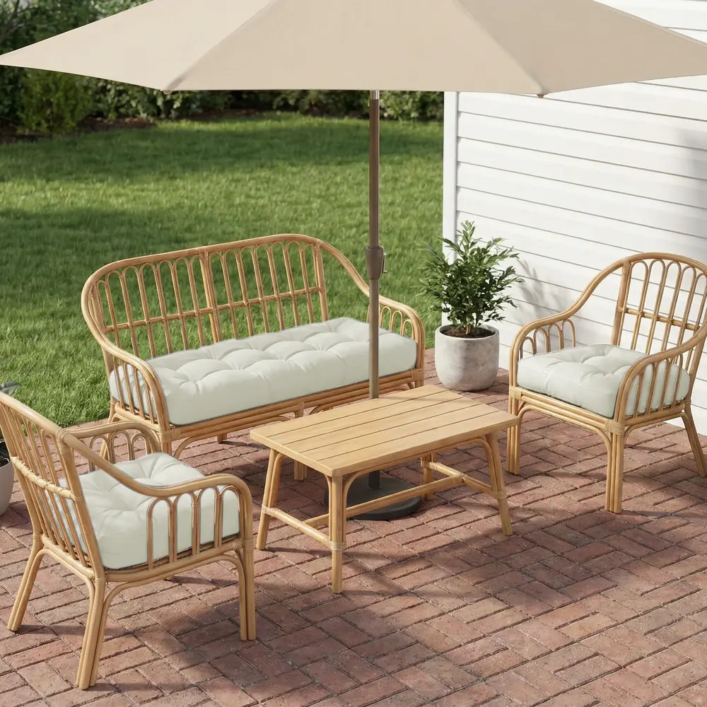 Outdoor Wicker Chair Cushions 3-Piece Set - 4-Inch Thick Soft Ergonomic Tufted Padding, Stable Gripped Bottom, Water-Resistant, Durable, Easy Wipe Clean, Foldable, Ideal for Patio Armrest Chair & Deck Lounging, Outdoor Cushions, Fold-Up Cushions