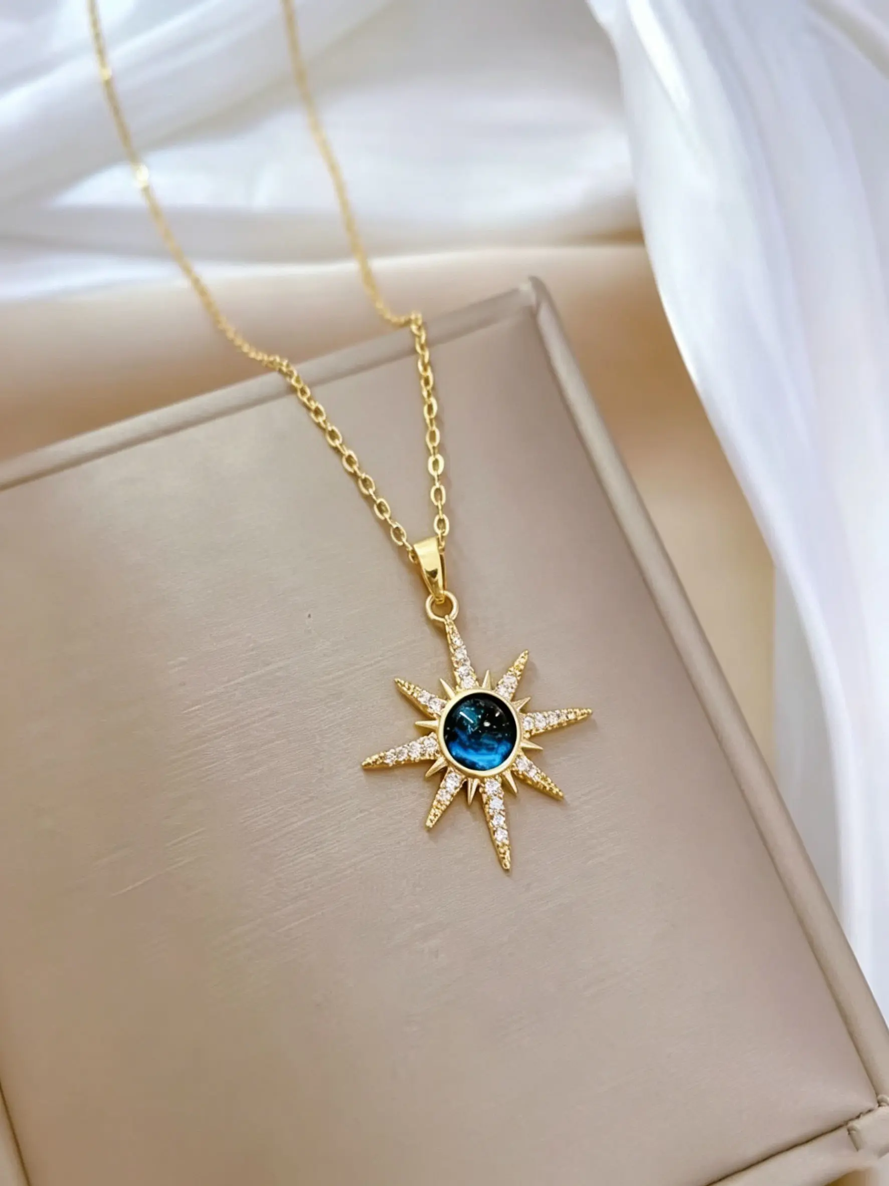 Blue Sun Starburst Pendant Necklace, 14k Dainty Celestial Necklace for Women, Hypoallergenic Statement Jewelry for Daily/party/anniversary