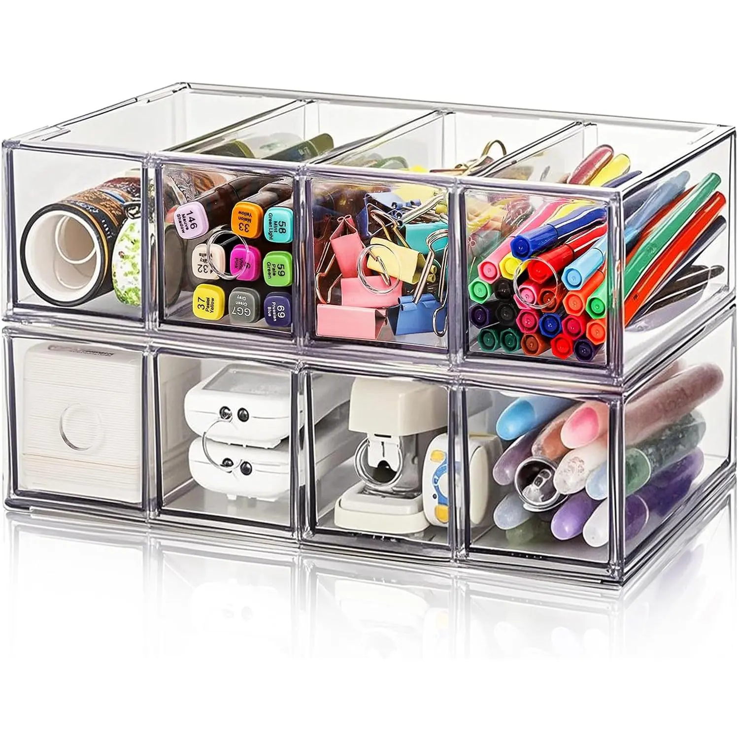 2 Pack  Storage Drawer Organizer,  Pen and Marker Storage Organizer for Desk, Clear Makeup Drawer Organizers with 8 Drawers for Art Crafts, Marker, Countertop