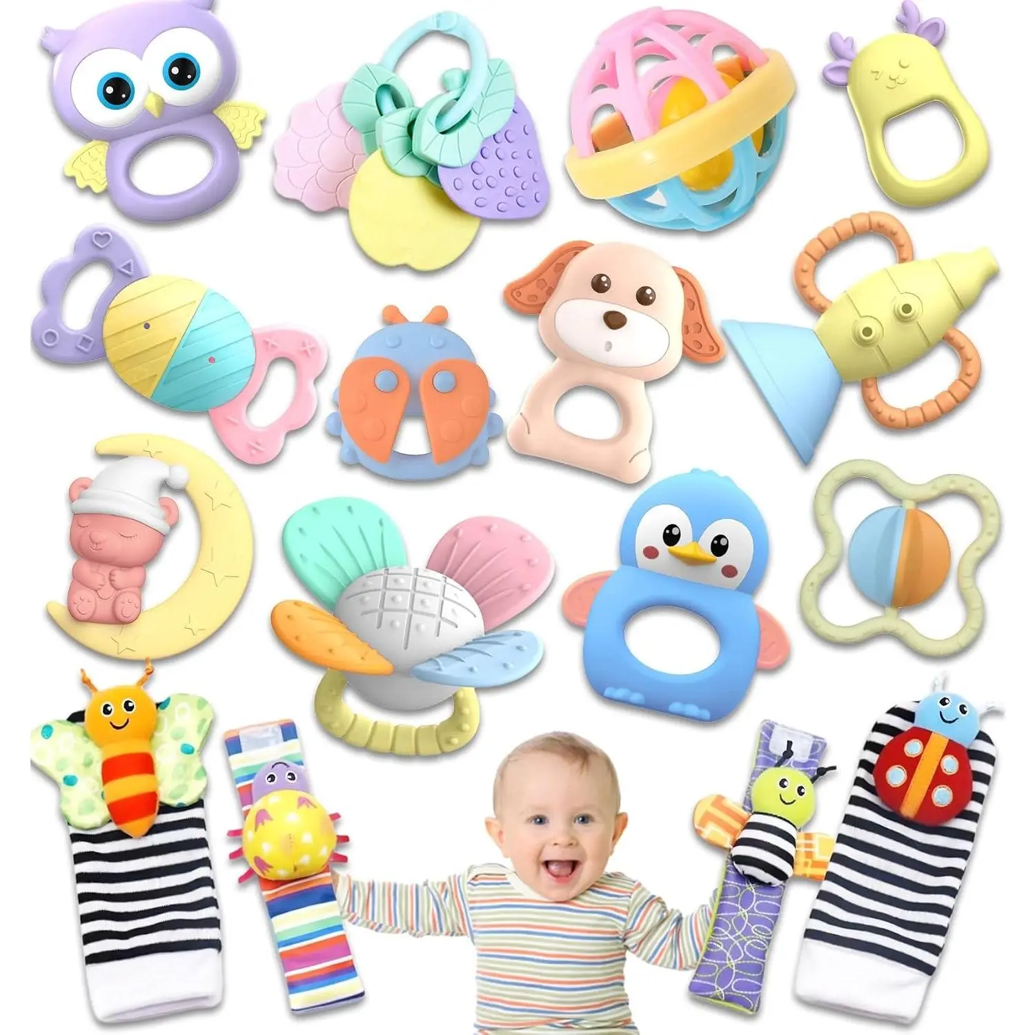 16 Pack Baby Rattles Teething Toys for 0-12 Months, Newborn Infant Toys, Wrist Socks for Toddler, Christmas Stocking Stuffers Gifts (Pink)