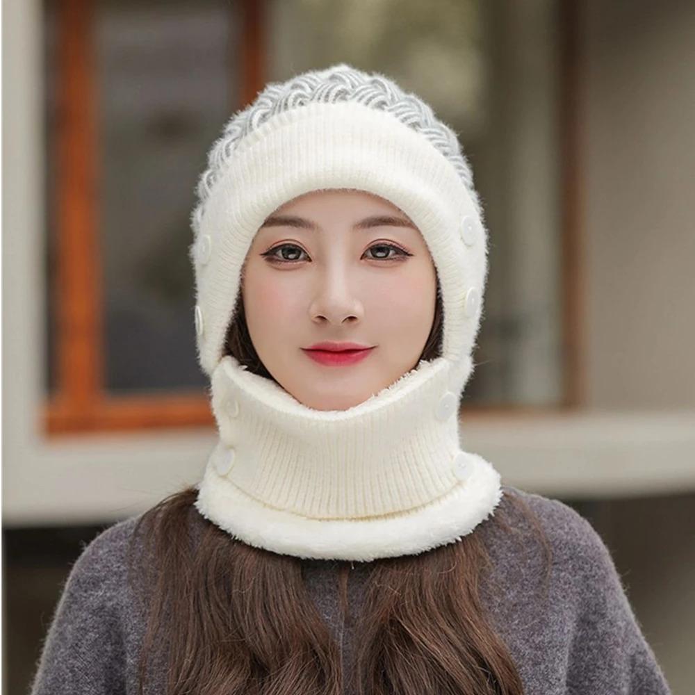 New Style Female Pompoms Winter Hats Plush Fur Lined Keep Warm Winter Hat Women Windproof Coldproof Thicken Balaclava Cap