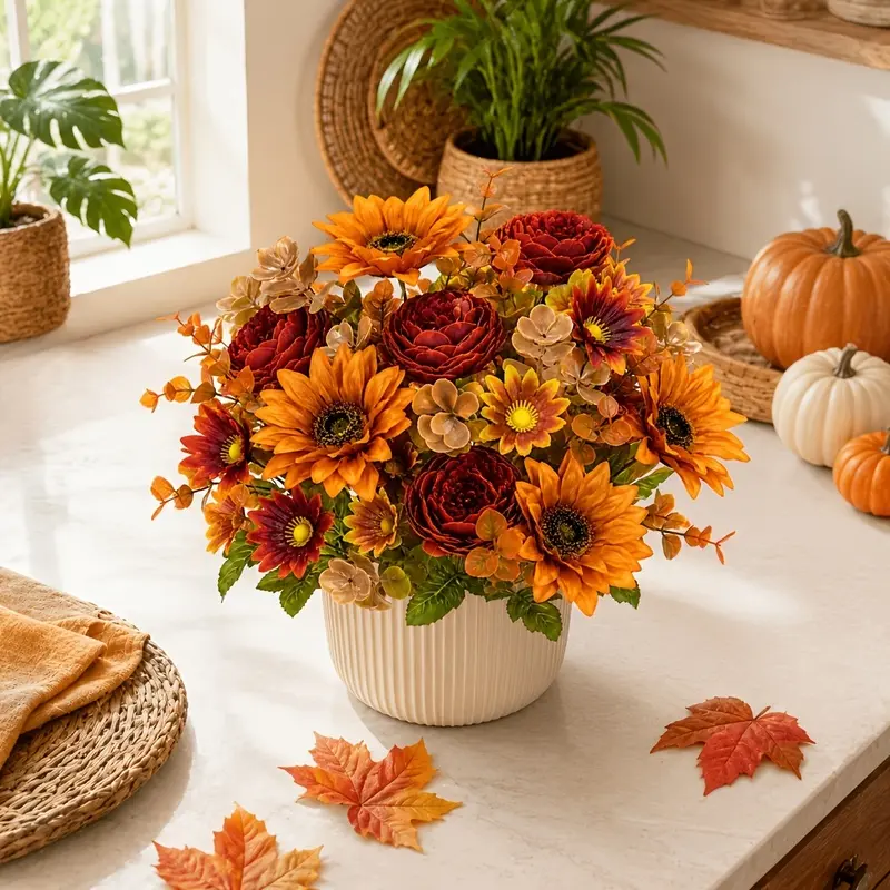 Autumn Warm Mixed Artificial Flower Bouquet, Sunflower Burgundy Rose Peony Daisy Champagne Flowers, Fall Faux Floral for Thanksgiving Harvest Rustic Home Decor, DIY Table Entryway Vase Arrangement, Vase Not Included