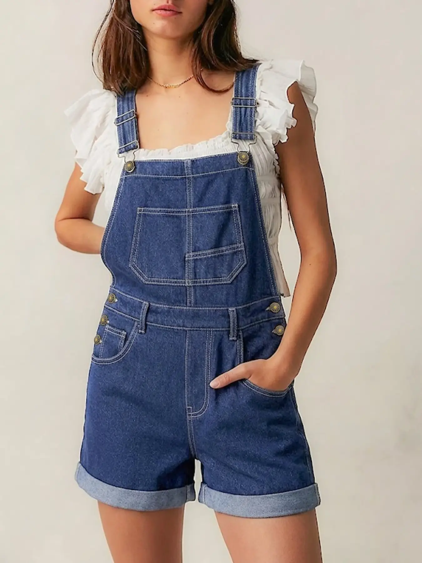 GILIPUR Women's Dark Blue Washed Denim Short Overalls, Adjustable Straps Loose Fit Bib Romper with Multi Pockets Rolled Hem, Casual Vintage Streetwear Summer Beach Vacation Daily Outfits for Women TChic