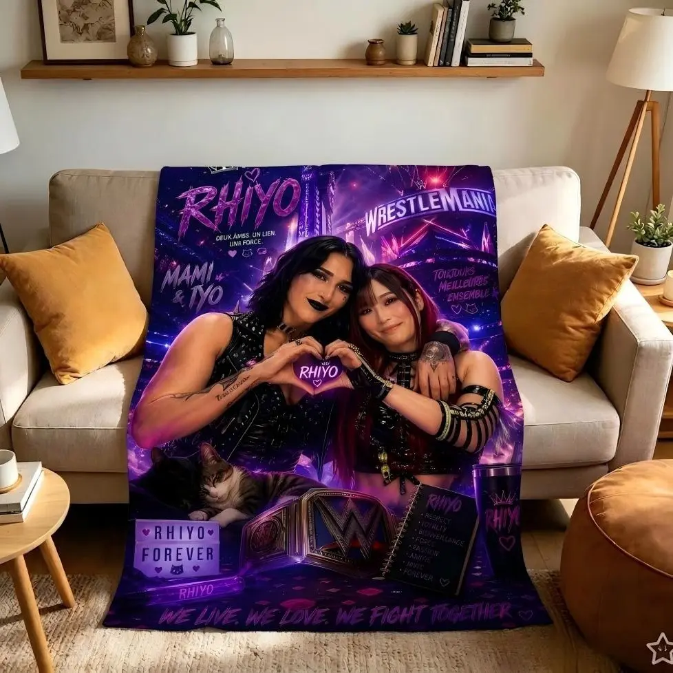 Wwe Wrestle Mania Theme Blanket, Rhiyo Dual Cp Print, Champion Belt, Cat, Exclusive Rh Iyo Logo, French/english Slogan, Punk Wrestling Style