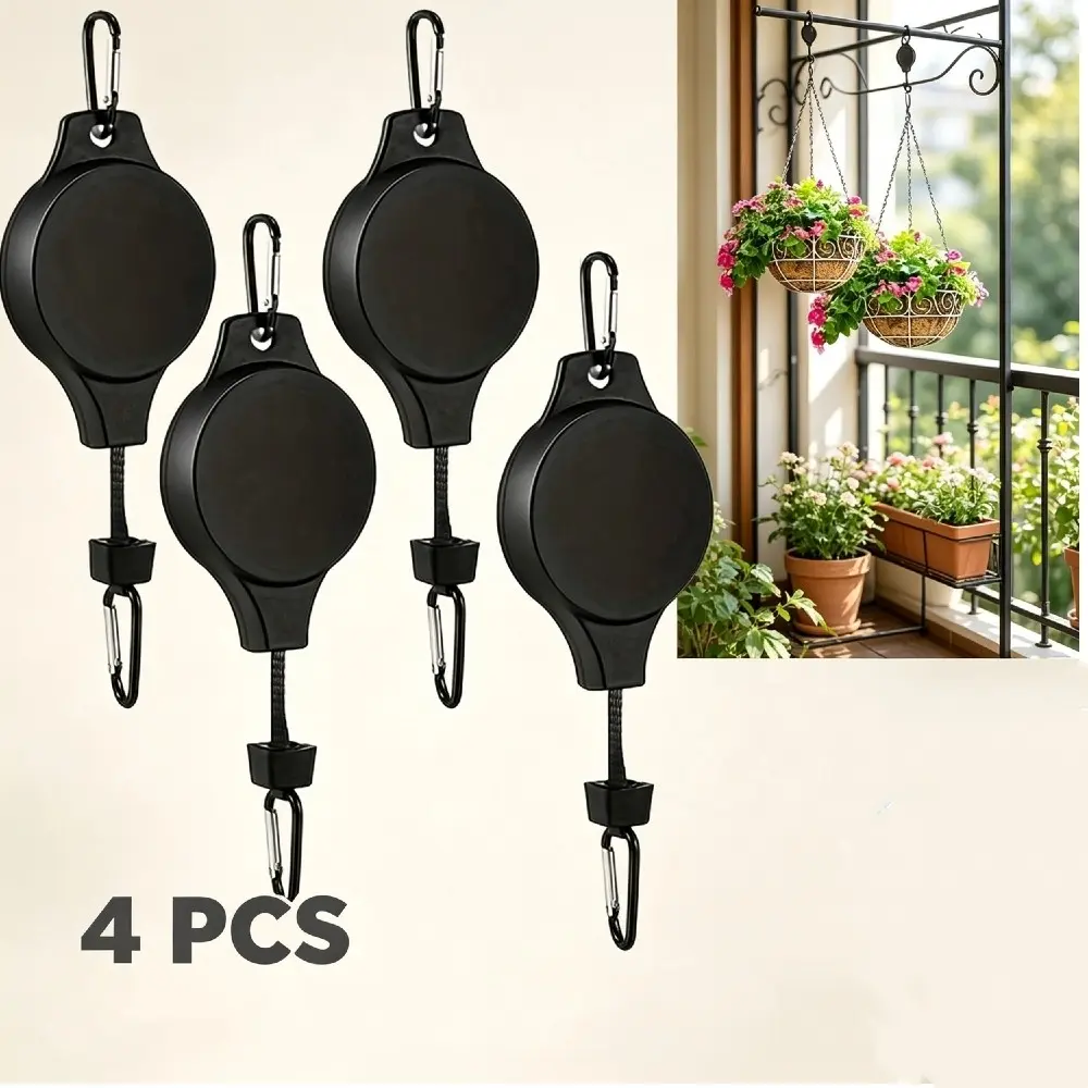 4pcs Retractable Plant Pulley Hanger, Adjustable Flower Basket Hook, Ideal for Plant Watering, Balcony & Garden Decor