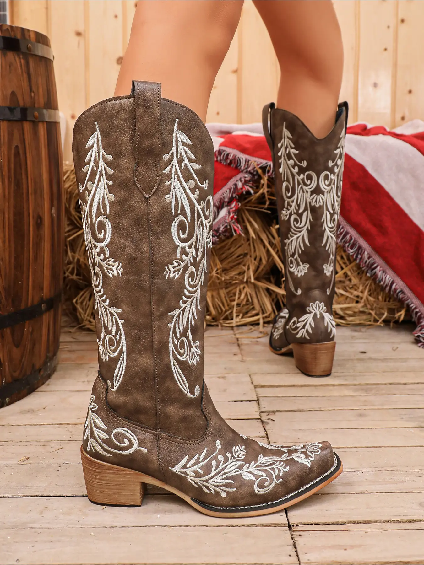 Vintage Floral Embroidered Western Cowboy Knee High Boots, Slip Resistant Sole Footwear For Camping Music Festivals
