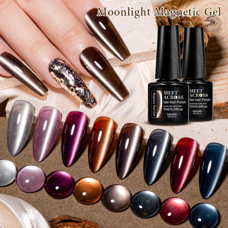 Gel Nail Polish Set, Magnetic Cat Eye Gel with 8 Mirror-Glass Colors, Soak-Off UV French Cat Eye Gel Nail Polish for Home or Salon Use, Valentine's Day Nail Supplies