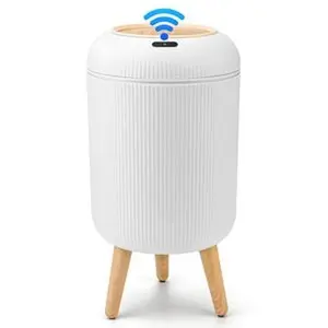 Automatic Hands-Free Waste Bin, Nordic Modern Waterproof Induction Trash Can, Space-Saving Multifunctional Garbage Bin with Wooden Legs for Bathroom - White/Black