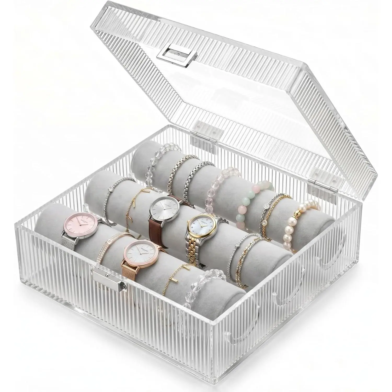 Bracelet Holder, 3  Rods   Organizer | Large Wave Texture Clear Box,  Lid and Scratch Resistant Surface, -Free Storage for Bangles, Watches