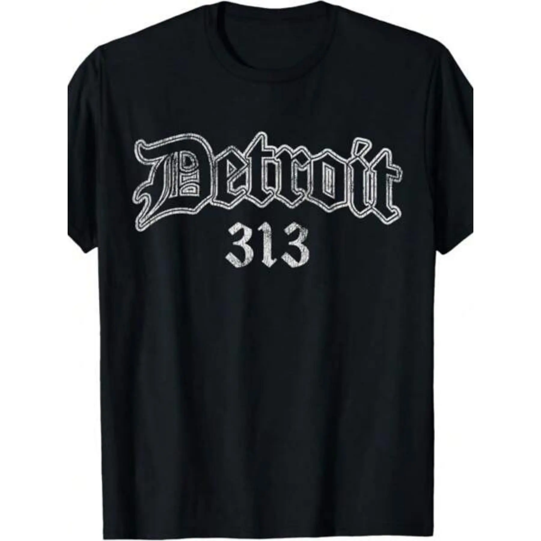Men's Vintage Detroit Michigan 313 Cotton Crew Neck Short-Sleeve Drop Shoulder Casual T-Shirt - Knit, Slight Stretch, Alphabet Positioned Print, Geometric, All Seasons, Plus Size Streetwear for Daily Activities