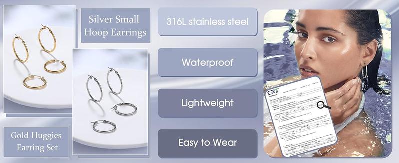 BESTEEL 5-10 Pairs Silver Gold Hoop Earrings Set for Women Men Hypoallergenic Surgiacl Stainless Steel Small Huggie Earring Stacks Pack Jewelry for Multiple Piercing Waterproof