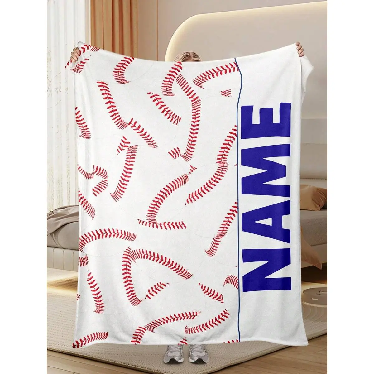 Custom Name Baseball Stitch Flannel Cloth Throw Blanket - Personalized Vertical Text, Red Seam, Wrinkle Resistant, Breathable, Soft Warm, Modern Single-Piece, Couch Decor, Sports Gift for Boys - 40x50/50x60/60x80 Multi-Size Options, Home Interior, One-Pie