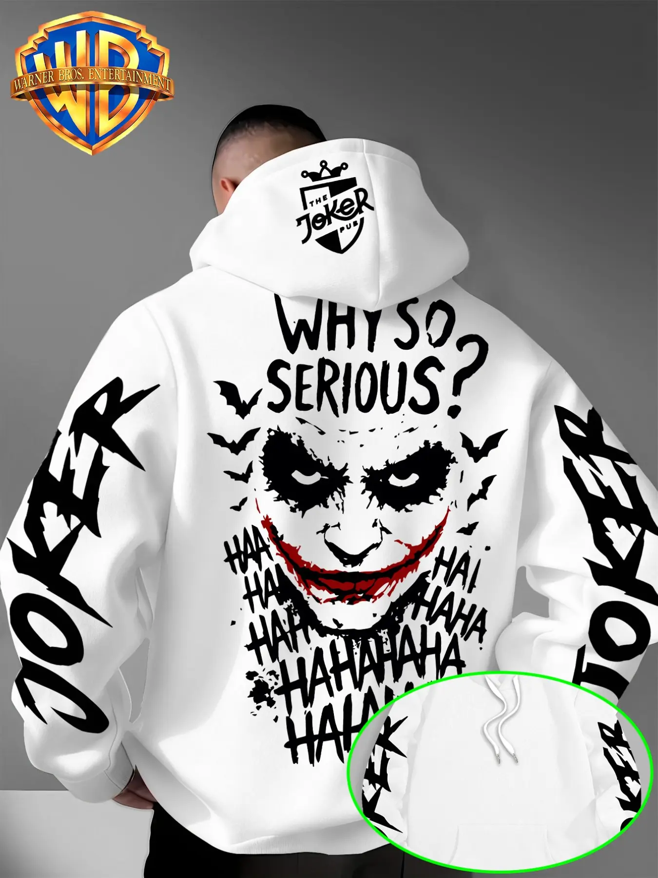 Warner Bros Men's Batman Smile Joker Print Hoodie, Casual Loose-Fit Streetwear, Gothic Style Pullover, All over Print Design