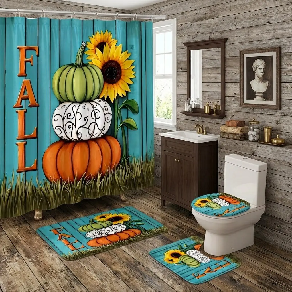 4pcs Fall Stacked Pumpkins Sunflower Teal Wooden Plank Shower Curtain Set with Toilet Seat Cover & Bathroom Mats,The floor mat fabric is thicker and softer!  Rustic Autumn Harvest Bathroom Decor Kit for Thanksgiving Home Bathroom Styling