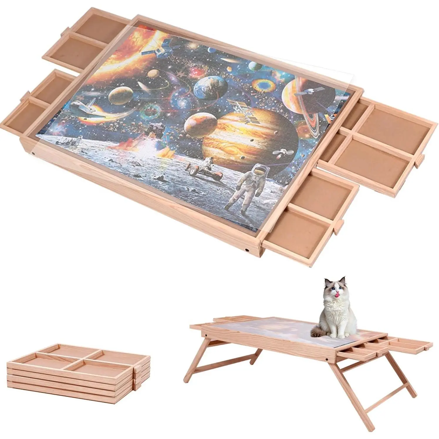 1000-Piece Wooden Puzzle Table with Folded Legs, Drawers, Cover, 29.92in x 22.04in Surface, Indoor Furniture Gift for Loved Ones
