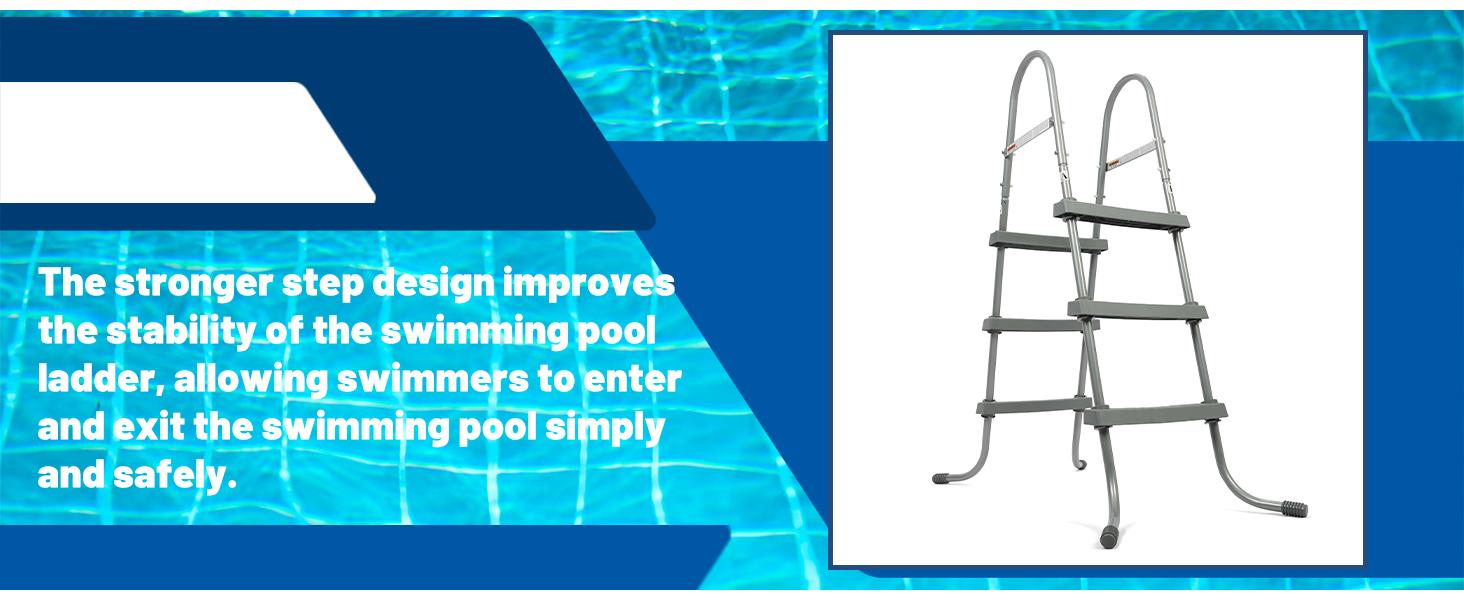 36 Inch Swimming Pool Ladder Above Ground W/ 3 Plastic Removable Steps Non-Slip Heavy Duty Steel - Grey