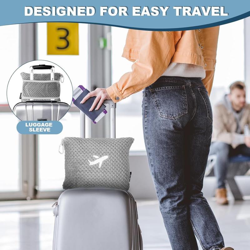 Travel Blanket Airplane Compact with Bag, Travel Essentials 3 in 1 Packable Airplane Blanket, Travel Pillow and Blanket Set, Inflatable Pillow, Luggage Sleeve & Backpack Clip (Light Grey)