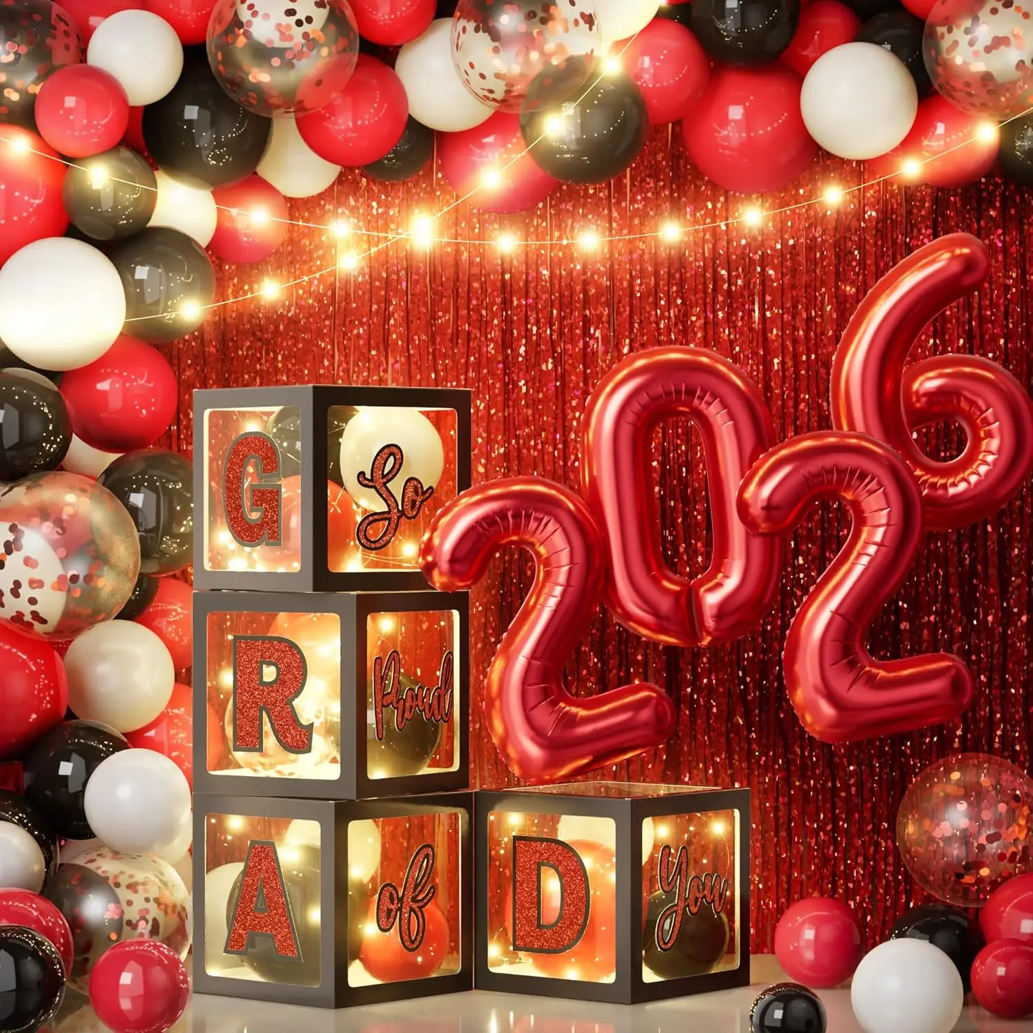 Class of 2026 Graduation Party Decorations Kit - 86 PCS with LED Lights, A4 Black & Red Balloons, Balloon Block Letter Boxes, Foil Curtain Backdrop, Garland
