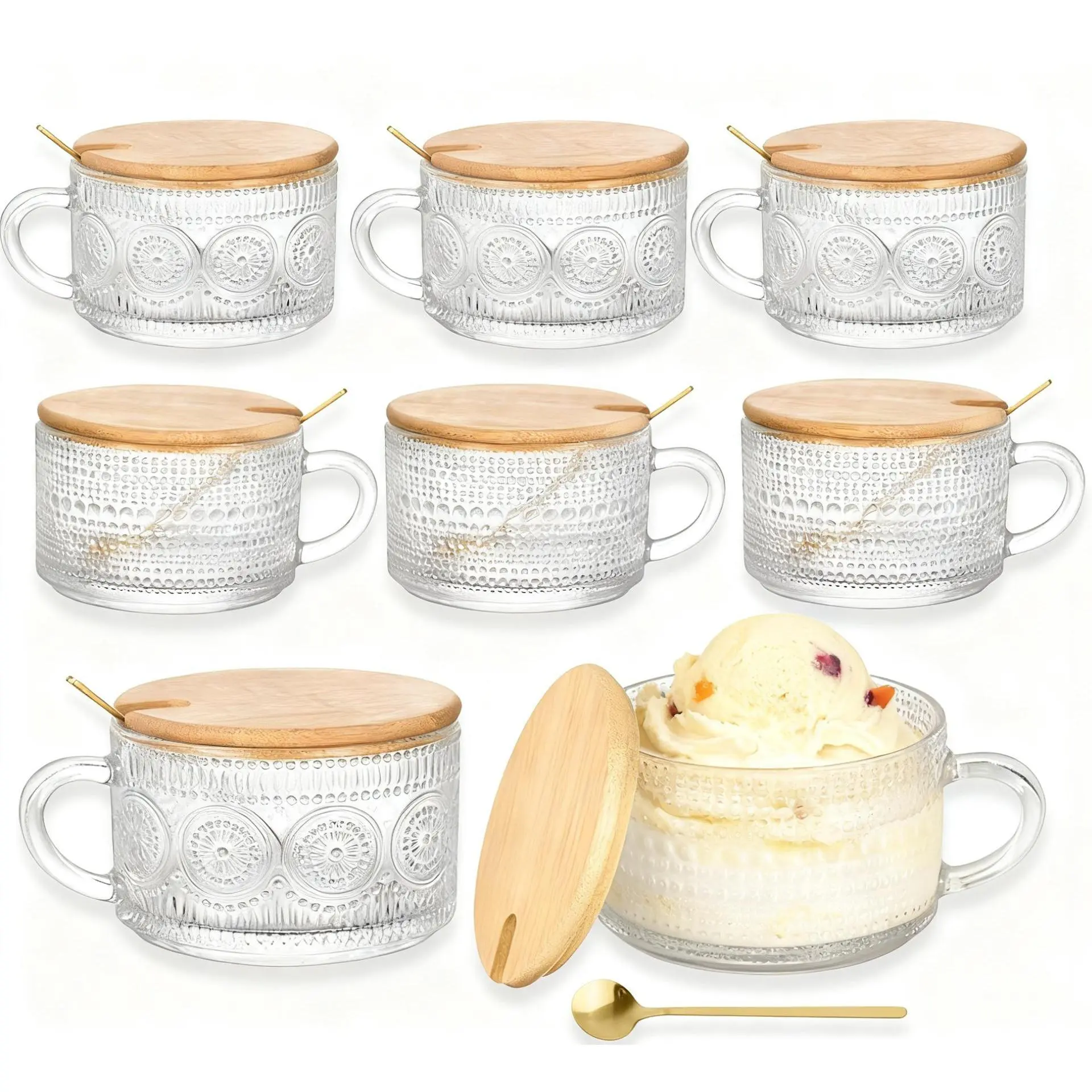 8pcs Set Vintage Coffee Mugs gifts for women, Overnight Oats Containers with Bamboo Lids and Spoons - 14oz Clear Embossed Glass Cups, Cute Coffee Bar Accessories, Iced Coffee Glasses