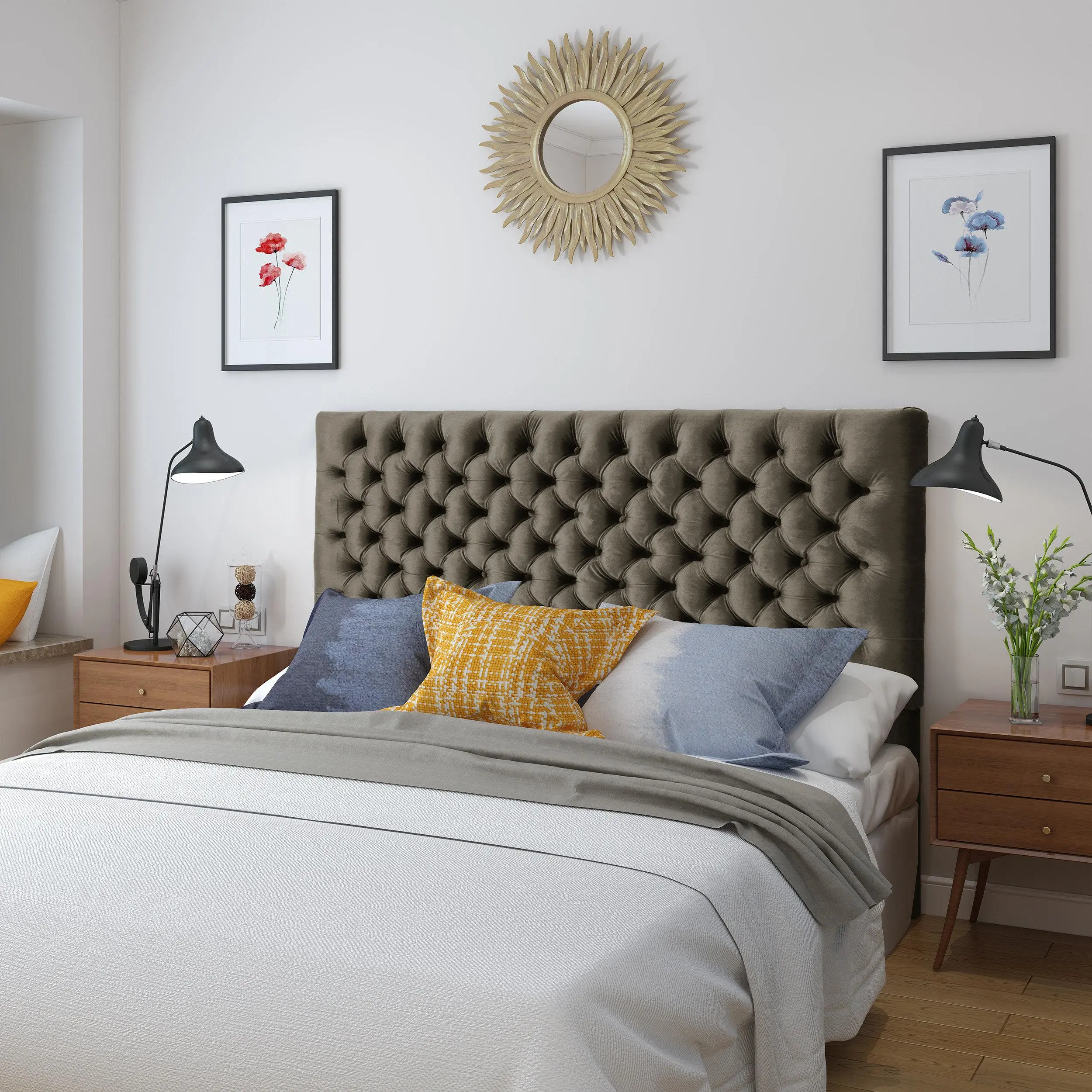 Grey Velvet Queen Upholstered Headboard with Button Tufted Diamond Stitching and Adjustable Legs for Bedroom
