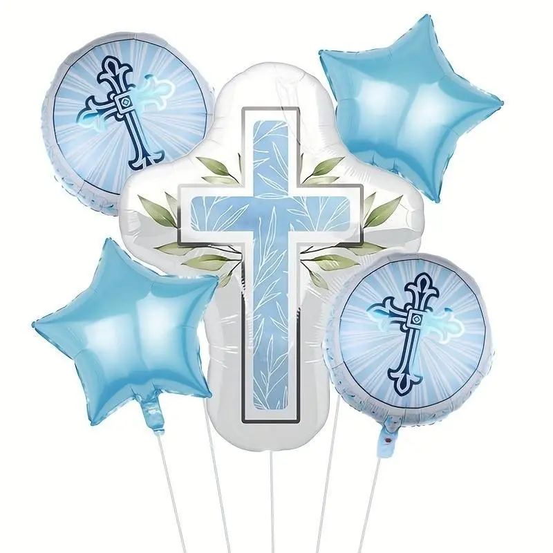 5 Pcs Baptism Balloons Set, Cross & Star Foil Balloons, Perfect for Baptism, Communion, Confirmation, Birthday Party Decorations