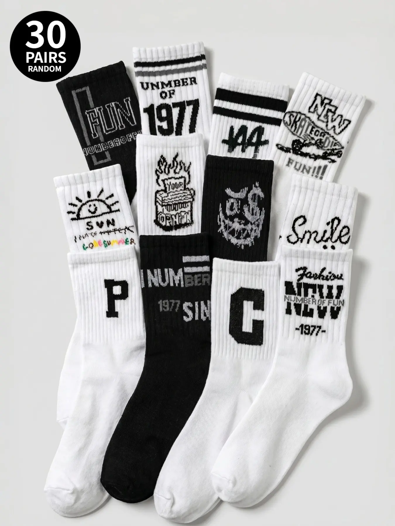 30-pair pack (random styles) Y2K retro street-style mid-calf socks with fun lettering print; Knitted Socks; skate and hip-hop style; unisex; summer and autumn