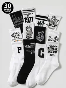 30-pair pack (random styles) Y2K retro street-style mid-calf socks with fun lettering print; skate and hip-hop style; unisex; summer and autumn