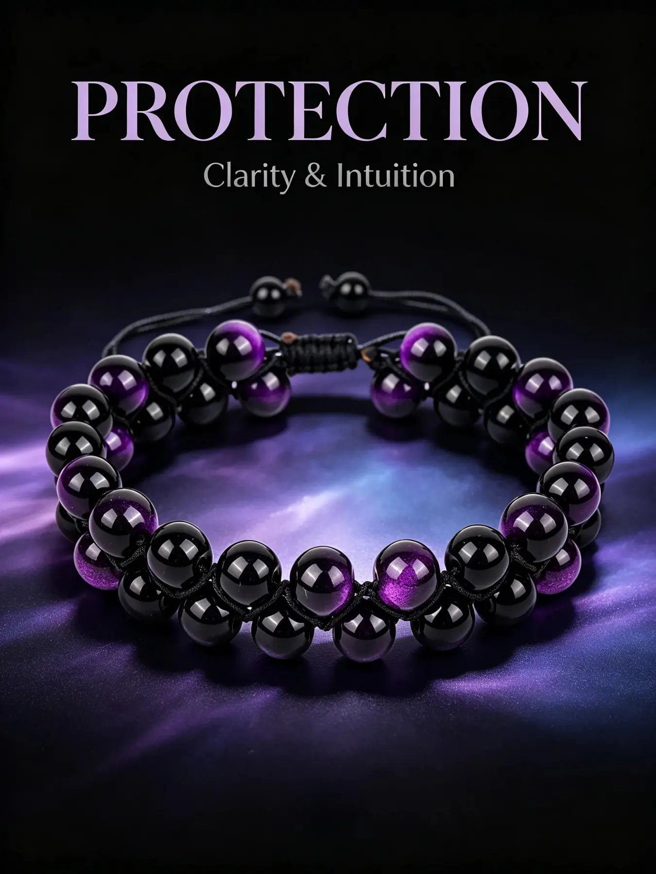 Protection, Clarity & Intuition Dual-Row Purple Amethyst & Obsidian Adjustable Bracelet, Protection Themed Calm & Intuition Boost Accessory for Yoga & Mindfulness