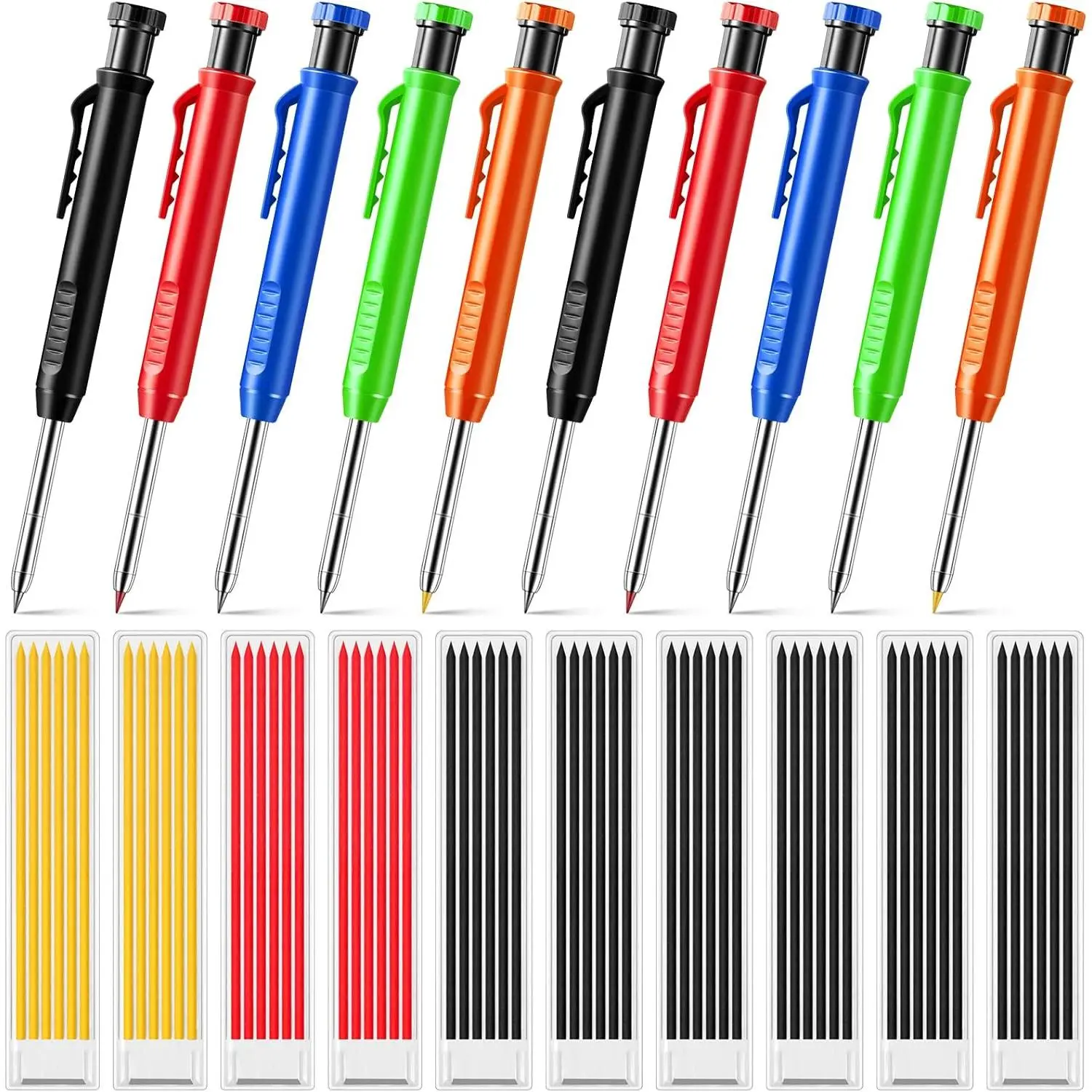 10 count Solid Carpenter Pencils with 60 count 2.8mm Refills Long Nosed Deep Hole Mechanical Pencil Marker Construction with  in Sharpener for Woodworking Drafting Architect Tool