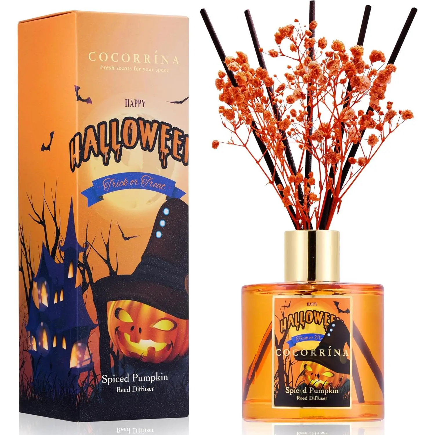 Reed Diffuser - Spiced Pumpkin 6.7 fl oz Scented Diffuser with 8 Sticks Home Fragrance Bathroom Shelf Decor (Halloween Collection)