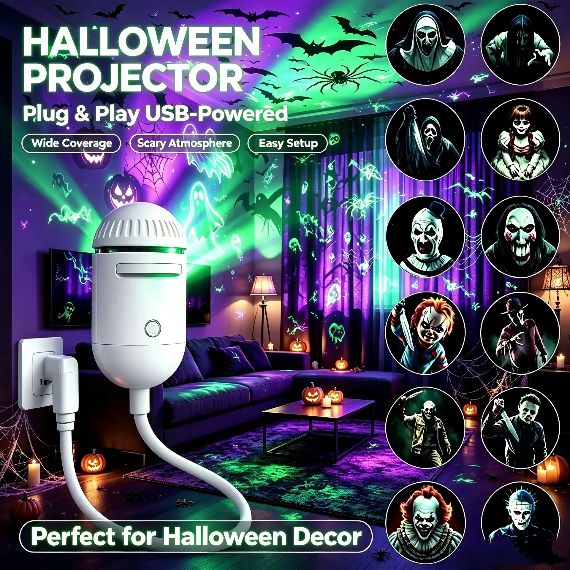 Halloween 12/24 Piece USB Starry Night Projector Light, Ambient Lighting Car Interior, Compact and Portable, Ideal for Car Interior, Home Bedroom, Creepy Atmosphere