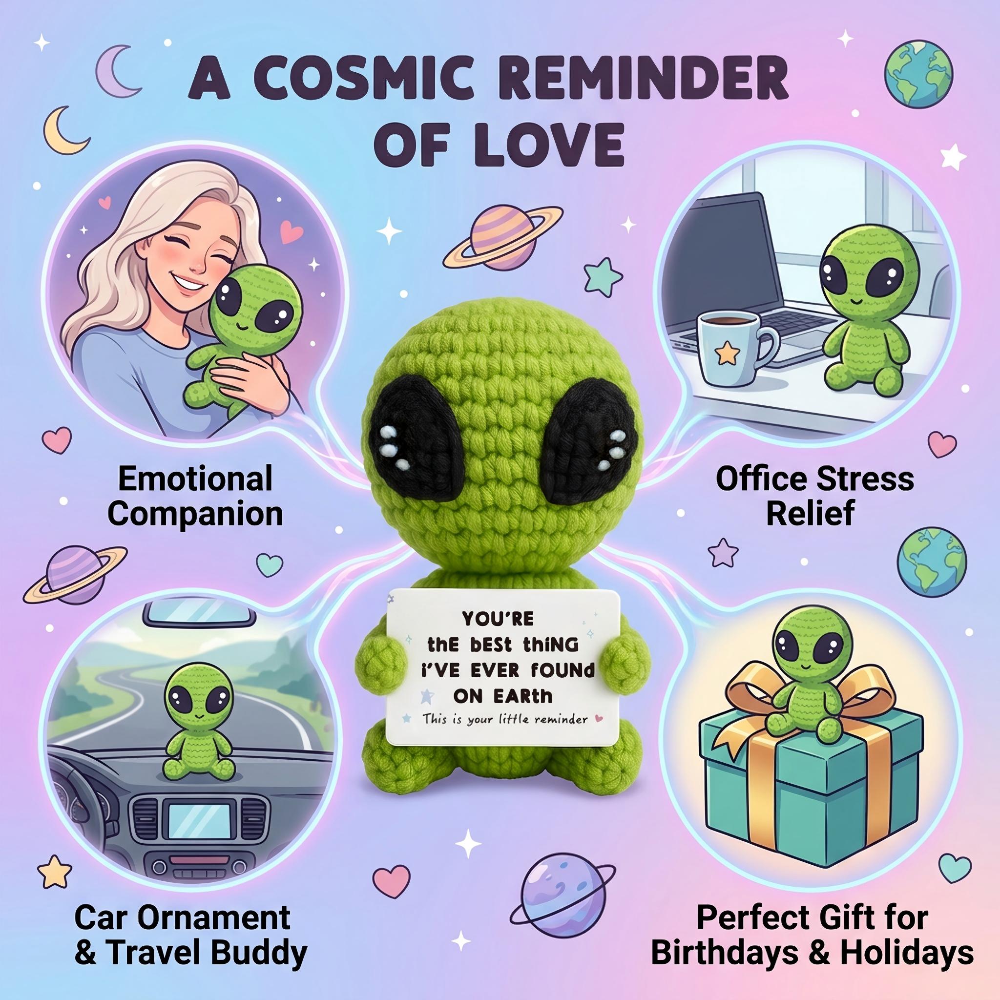 Cute Handmade Mini Knitted Alien Plush Emotional Support Stuffed Toy, Soft Stress Relief Doll for Christmas & Birthday Gifts for Women & Men, Teacher Appreciation Present, Bag Charm Keychain & Desk Decor, Unique Handcrafted Holiday Gift for Him, Her, Frie