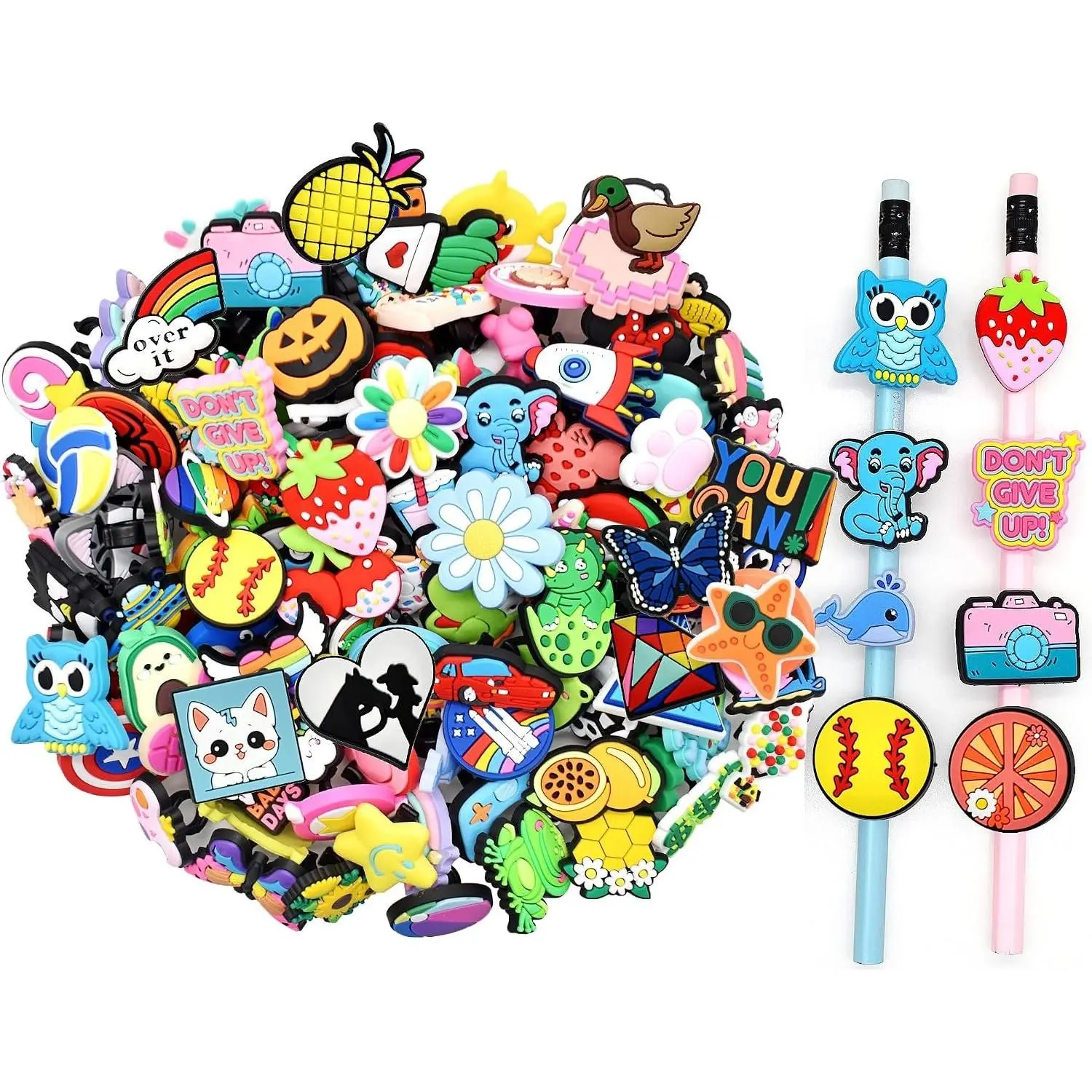 Lot Random Different Decorative Pencil Toppers 105Pack Cute Cool Pencil Charms Clips Bulk PVC Pen Topper for School Prize Classroom Reward Student Gifts