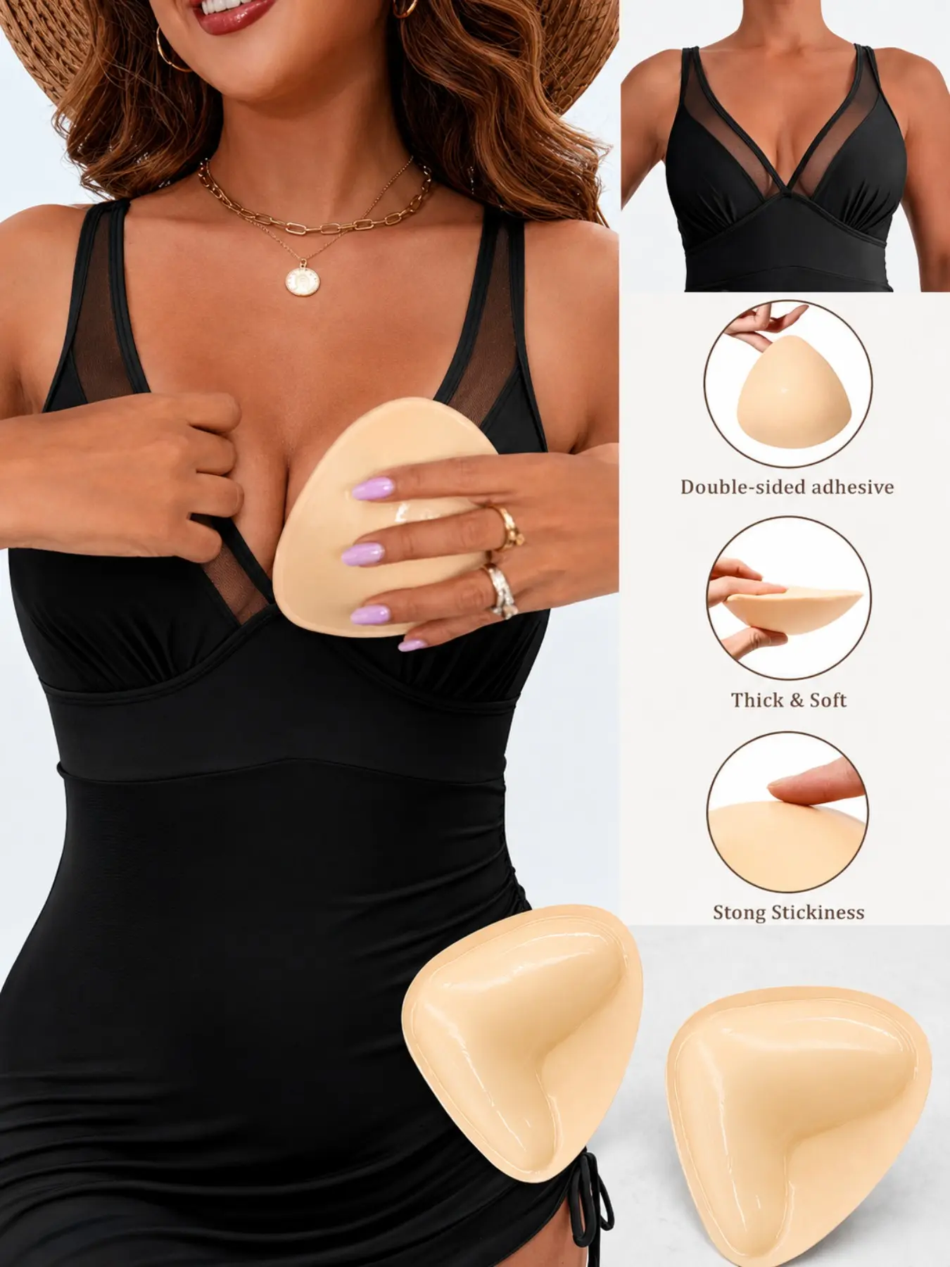 Double-Sided Adhesive Bra Inserts for Women, Thick Soft Triangle Padding with Secure Hold, Seamless Contoured Pads for Swimsuits, Bikini Tops, Low-Cut Dresses, Strapless Outfits and Evening Wear, Lift Padding Inserts