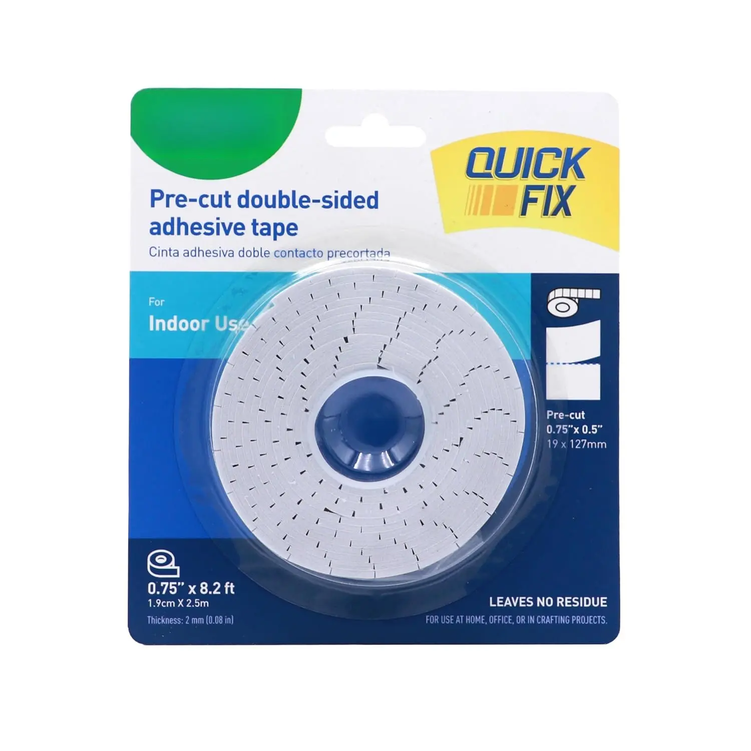 Quick Fix Pre-Cut Double-Sided Adhesive Tape – 0.75" x 8.2 ft Roll, Heavy-Duty Mounting Tape for Crafts, Photos, Scrapbooking, Indoor Use, No