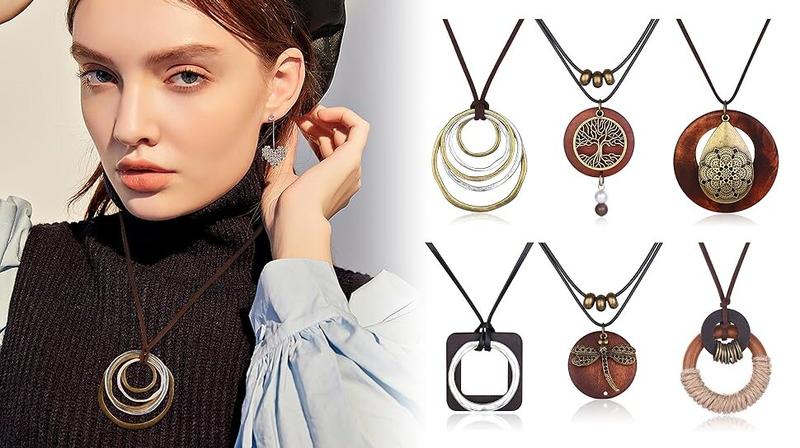 Adjustable 6Pcs Long Pendant Necklaces for Women Boho Vintage Wood Fall Sweater Necklaces Set Statement Feather Dragonfly Peace Sign Y Necklace Hippie Handmade Fashion Jewelry Accessories