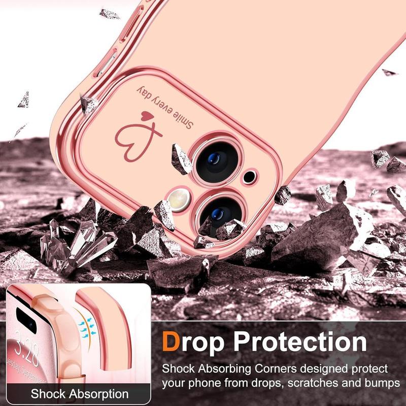 For iPhone 16 Pro Max 15 14 13 12 11 Cute Wave Frame Curly Shape with Love Heart Pattern Raised Camera Protection Cover Luxury Plating Shockproof Phone Case