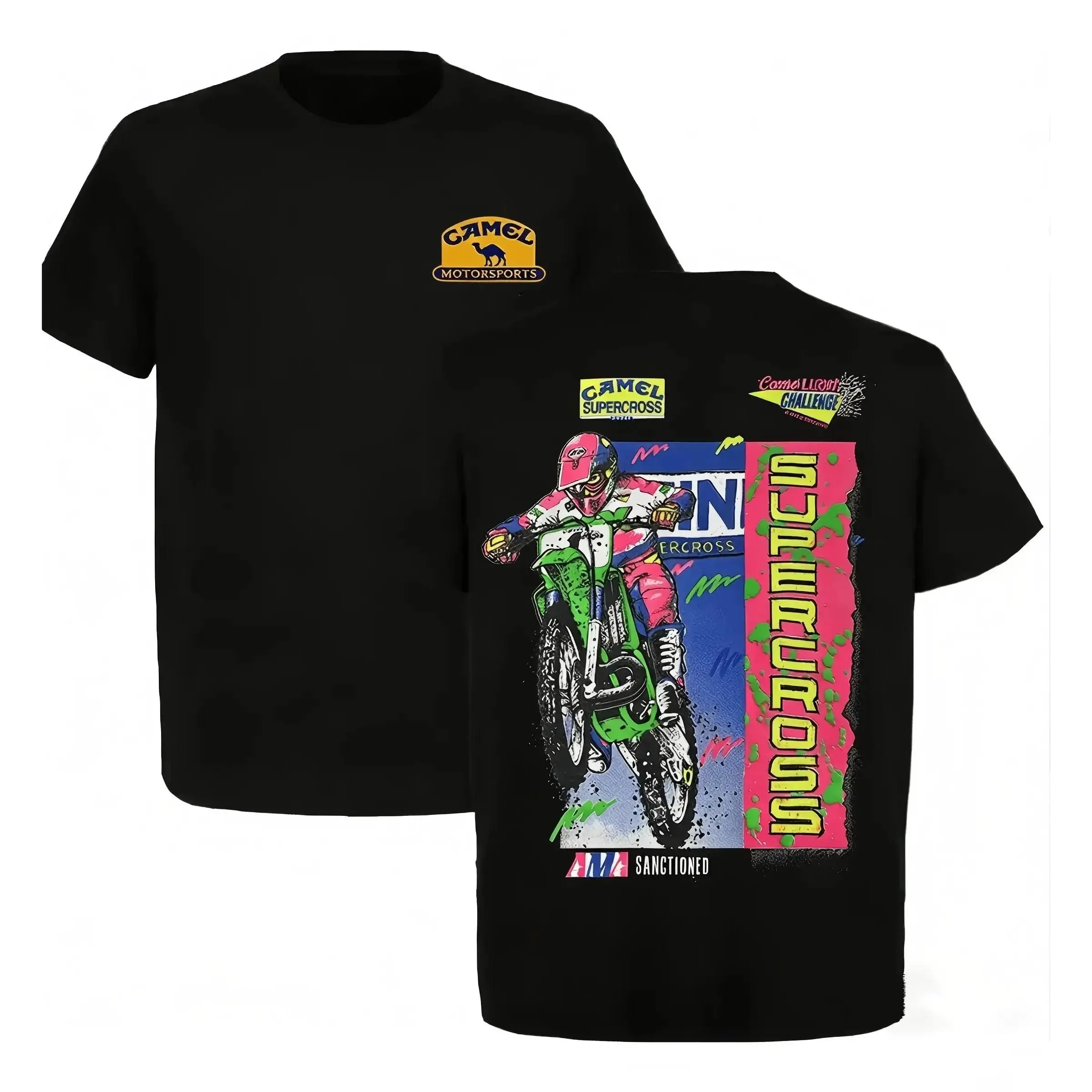 Men's Casual Short Sleeve Vintage T-Shirt - Men's Graphic Tee with 90s Supercross Motocross Graphic, Neon Racing Print Tops for Casual Wear, Vintage T Shirts, Retro