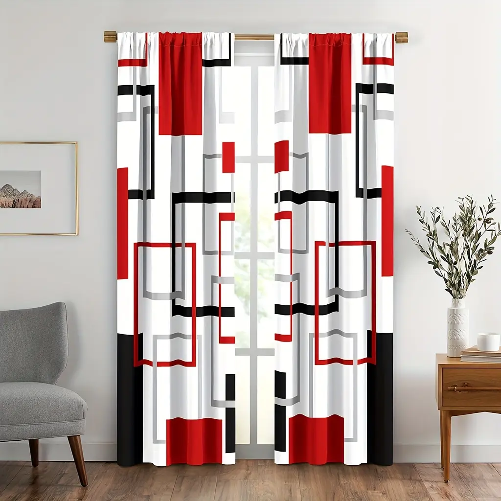 Two-piece plaid curtain set, with pocket, decorating the living room and bedroom, featuring a red and white design