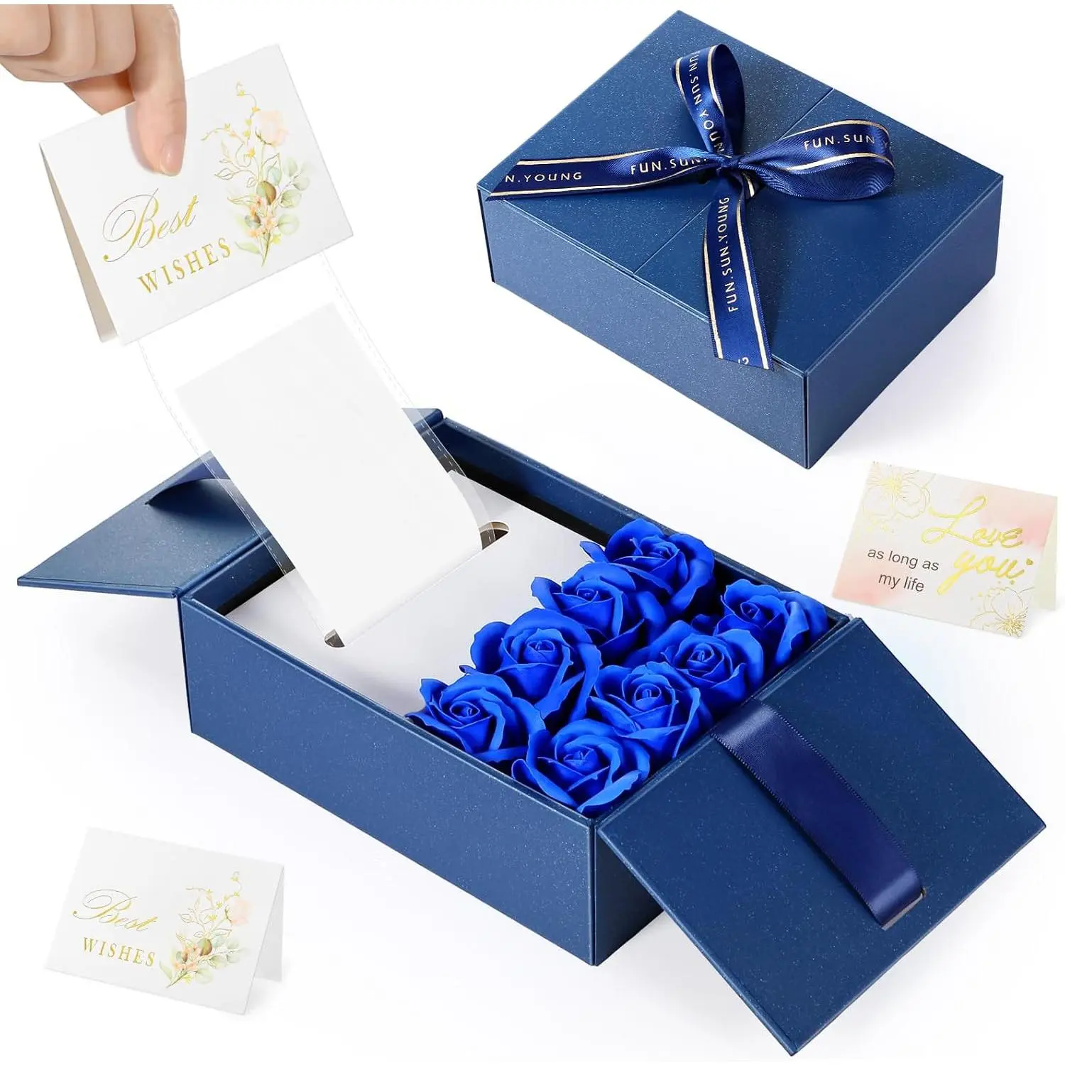 Modern Dark Blue Pull Box with 8 Roses, 2 Greeting Cards, 1 Light String for Teacher, Spouse Birthday, Anniversary Office Stationery Gift