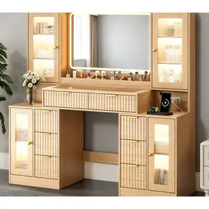 Fluted Makeup Vanity Desk with Mirror and Lights, 55" Glass Top Vanity with 8 Drawers & 4 RGB Glass Cabinets, Adjustable Shelves & Power Outlet, Modern Dressing Table for Women Girls Bedroom, Oak
